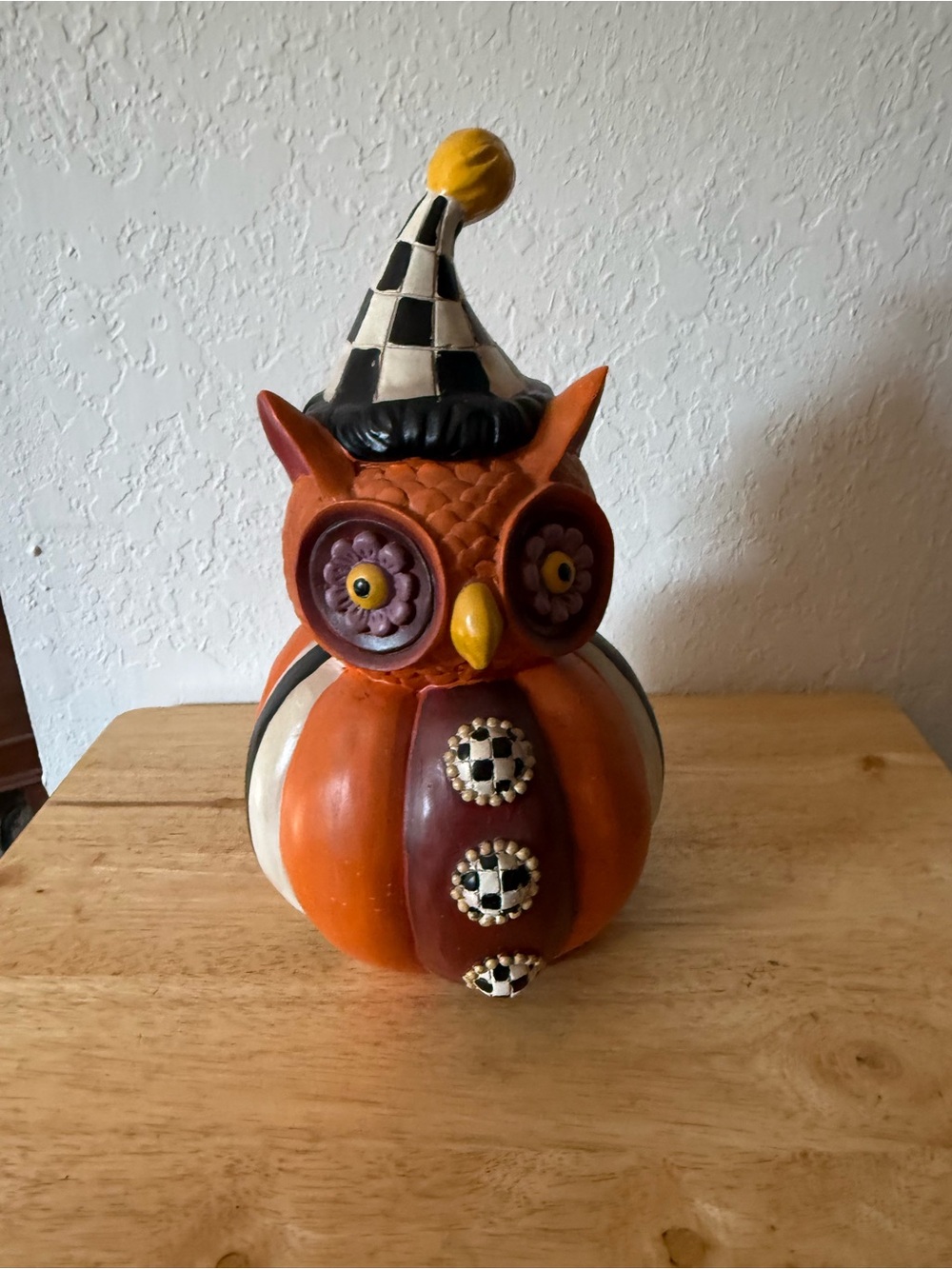 Whimsical Orange Owl Sculpture with Checker Hat
